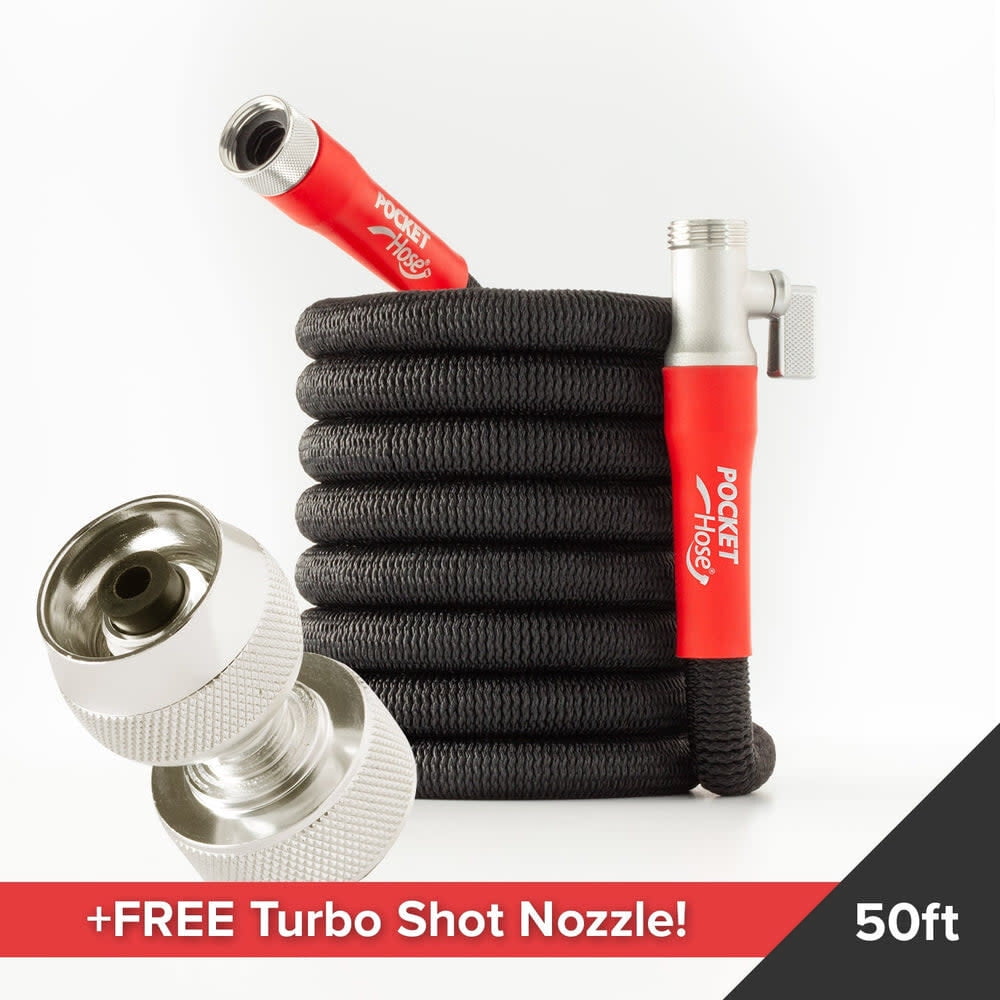 Pocket Hose 50 FT Silver Bullet w/Turbo Shot Nozzle Multiple Spray Patterns Expandable Garden Hose 3/4 in Solid Aluminum Fittings Lead-Free Lightweight and No-Kink