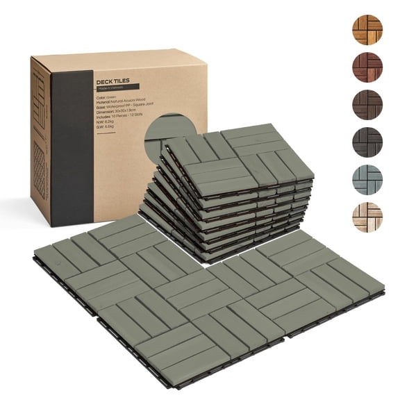 Deck Tiles, Patio Flooring - Outdoor Waterproof Acacia Wood Tiles for All Weather Use - Balcony, Backyard, Indoor & Outdoor (Green Crossed Pattern, 10 Pcs - 10 Square Ft)