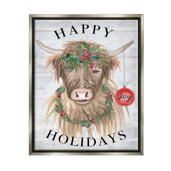 Stupell Industries Farmhouse Holiday Cow Holiday Painting Gray Floater Framed Art Print Wall Art, 17 x 21