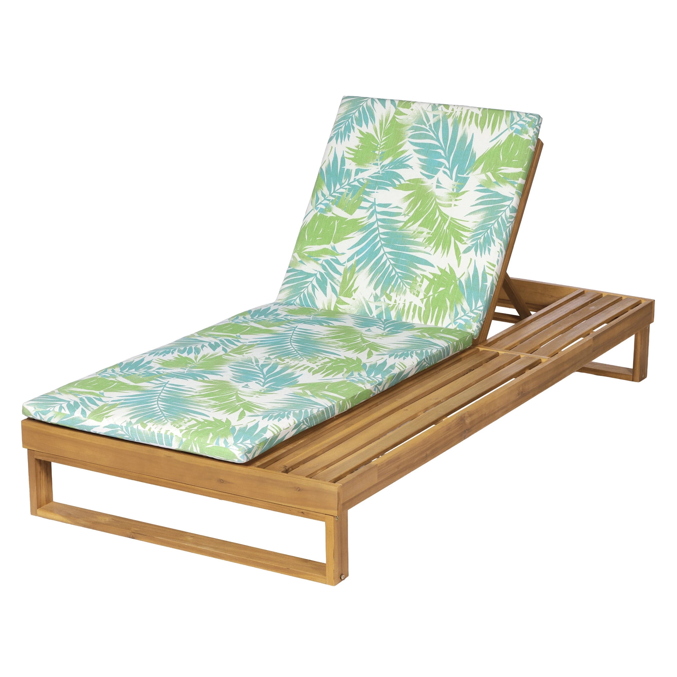 Christopher Knight Home Acacia Wood Chaise Lounge with 1.57" Cushion, Adjustable Recliner, Teak + Green Leaf