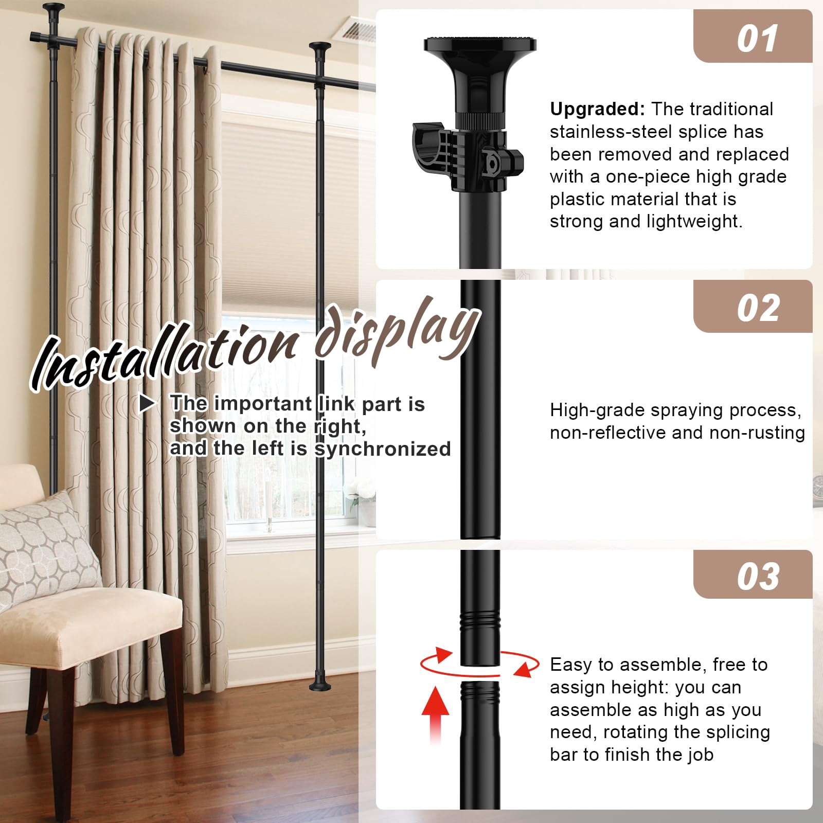 IHOMEPARK Room Divider Curtain Rods No Drilling Ceiling to Floor, Adjustable Heavy Duty Tension Rod for Room Separation Bedroom Rental，28-171inch(W) 4-10ft(H)（Matte Black）