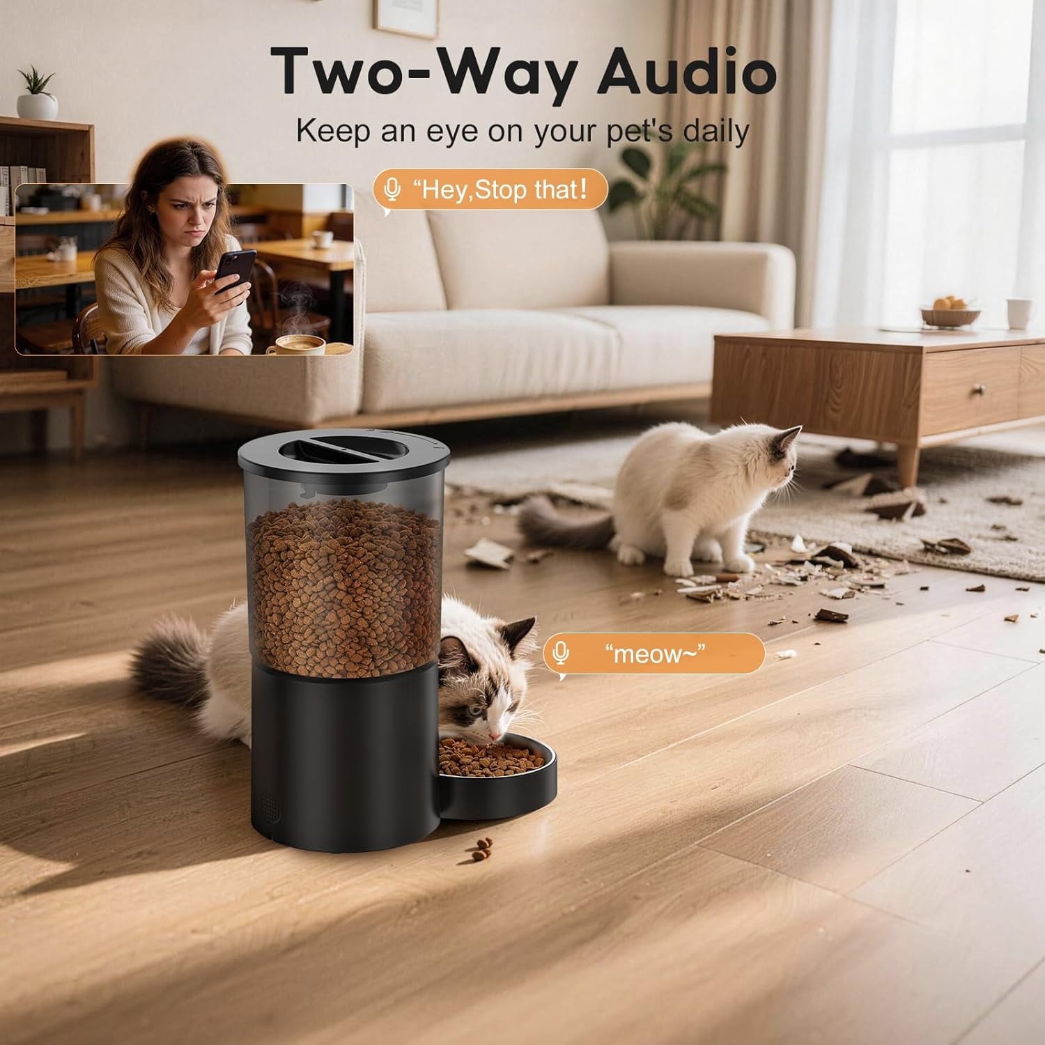 Automatic Cat Feeder with Camera WiFi App Control 1080P HD Video Two-Way Audio 4.2L Food Dispenser for Indoor Cats White