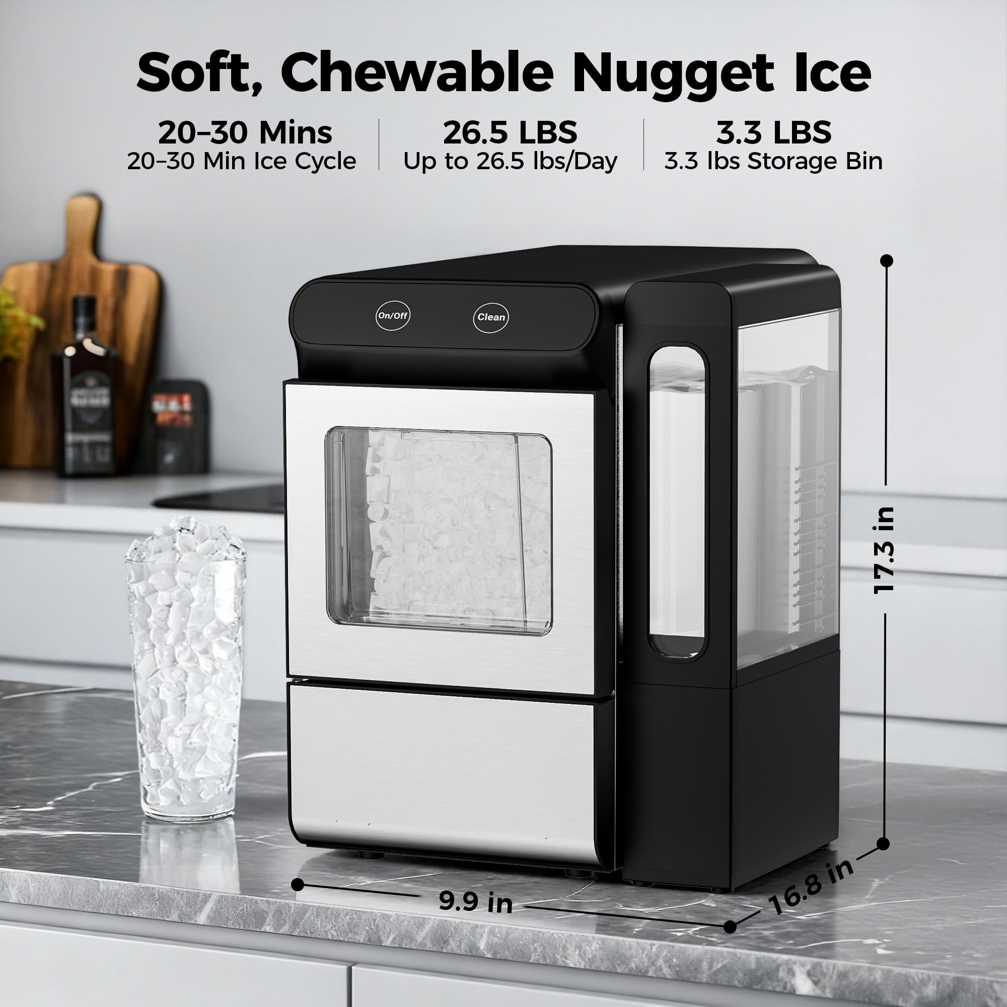 Simzlife Nugget Ice Maker Countertop 26.5 lbs/24H, Self- Cleaning Countertop Ice Machine, 1.7 Qt Water Tank, Stainless Steel, Soft Chewable Pellet Ice for Home/Kitchen/Party