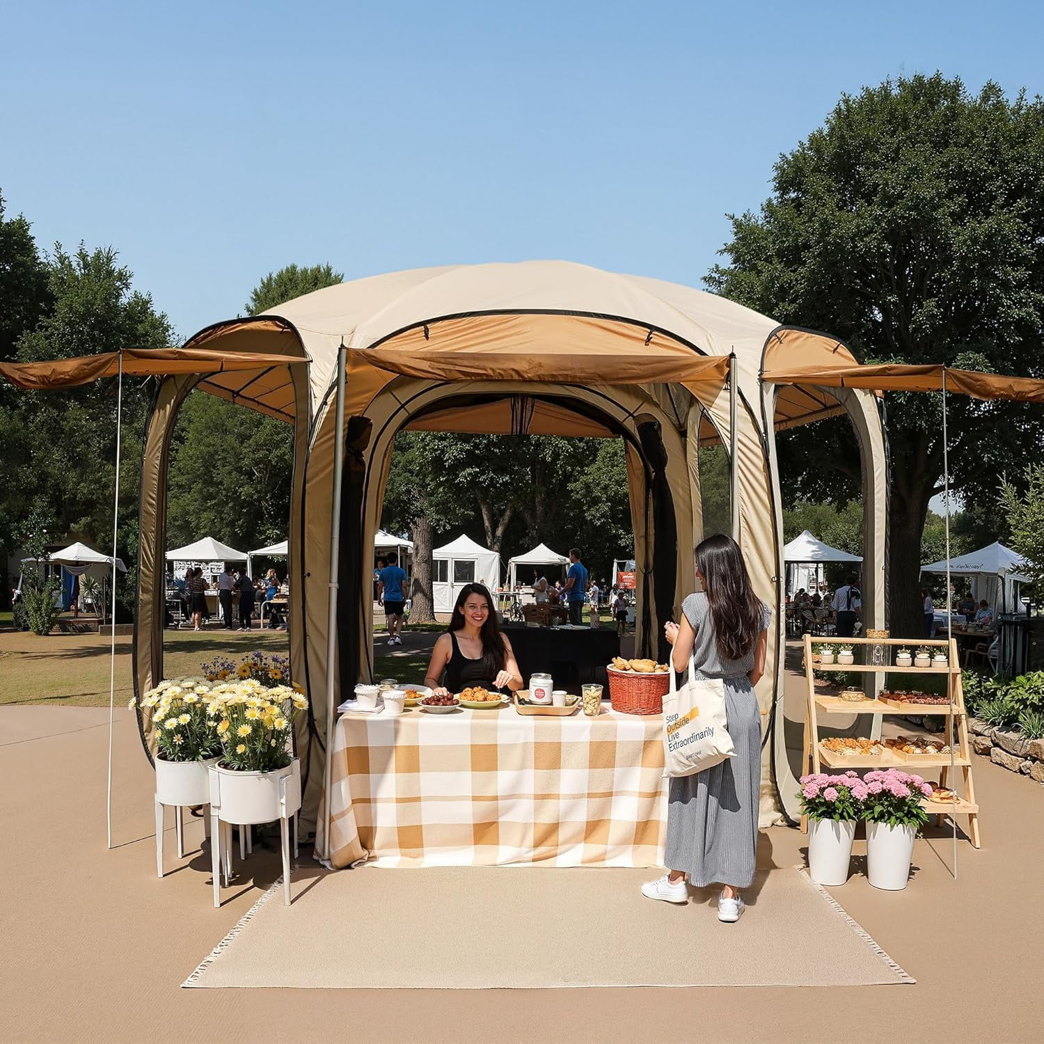 East Oak 12×12 FT 10 Person Family Canopy Tent Outdoor Screen House for Camping Beige
