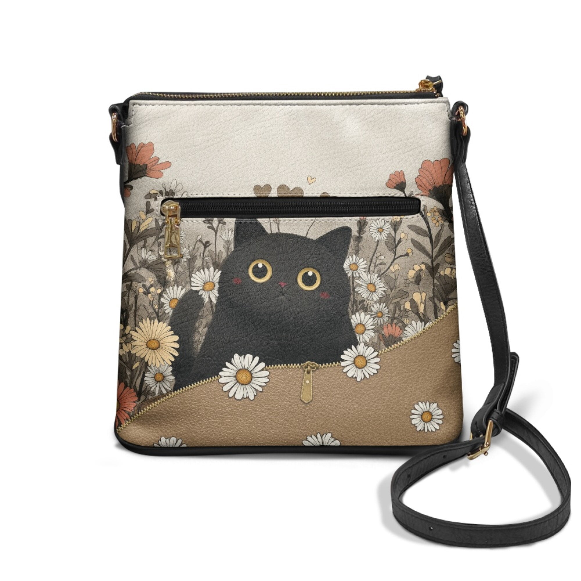 LedBack Black Cat Print Satchel Bags for Women Crossbody Purses for Ladies, Daisy Printed Leather Hobo Bag Shoulder Handbag Purse with Adjustable Strap for Shopping Travel Work, Brown