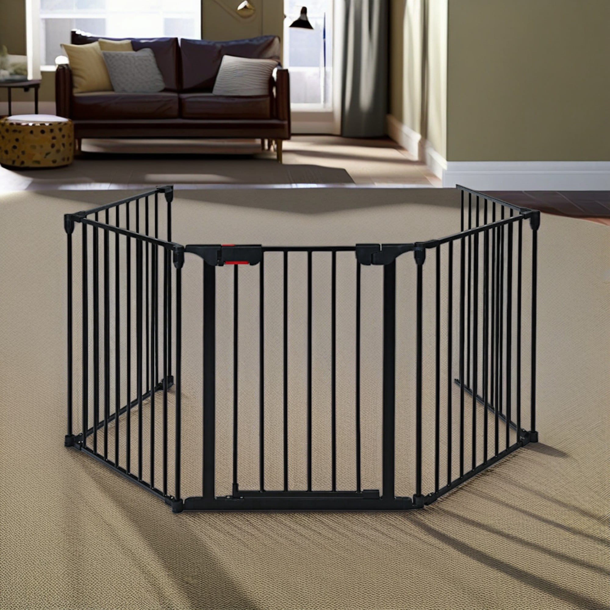 Demi Bonn 121" Wide Configurable Dog Fence, Fireplace Safety Fence, Adjustable 5-Panel Metal Play Yard for Toddler/Pet/Dog, Black