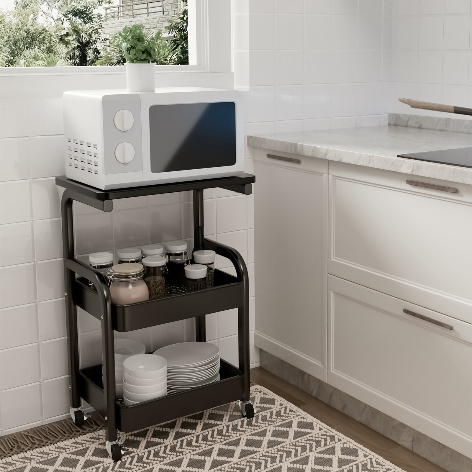 2-Tier/3-Tier Metal Rolling Utility Cart with Walnut Table Top, Lockable Wheels, Mobile Storage Organizer for Kitchen, Coffee Bar, Bathroom & Craft Room