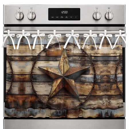 Farmhouse Oven Skirt Curtain Vintage Farmhouse Oven Curtain Tie Top Western Texas Rustic Star Wooden Grain Stove Skirt Curtains with Ties&Ruffle Trim Dishwasher Skirts Curtains for Cabinet 32 x24