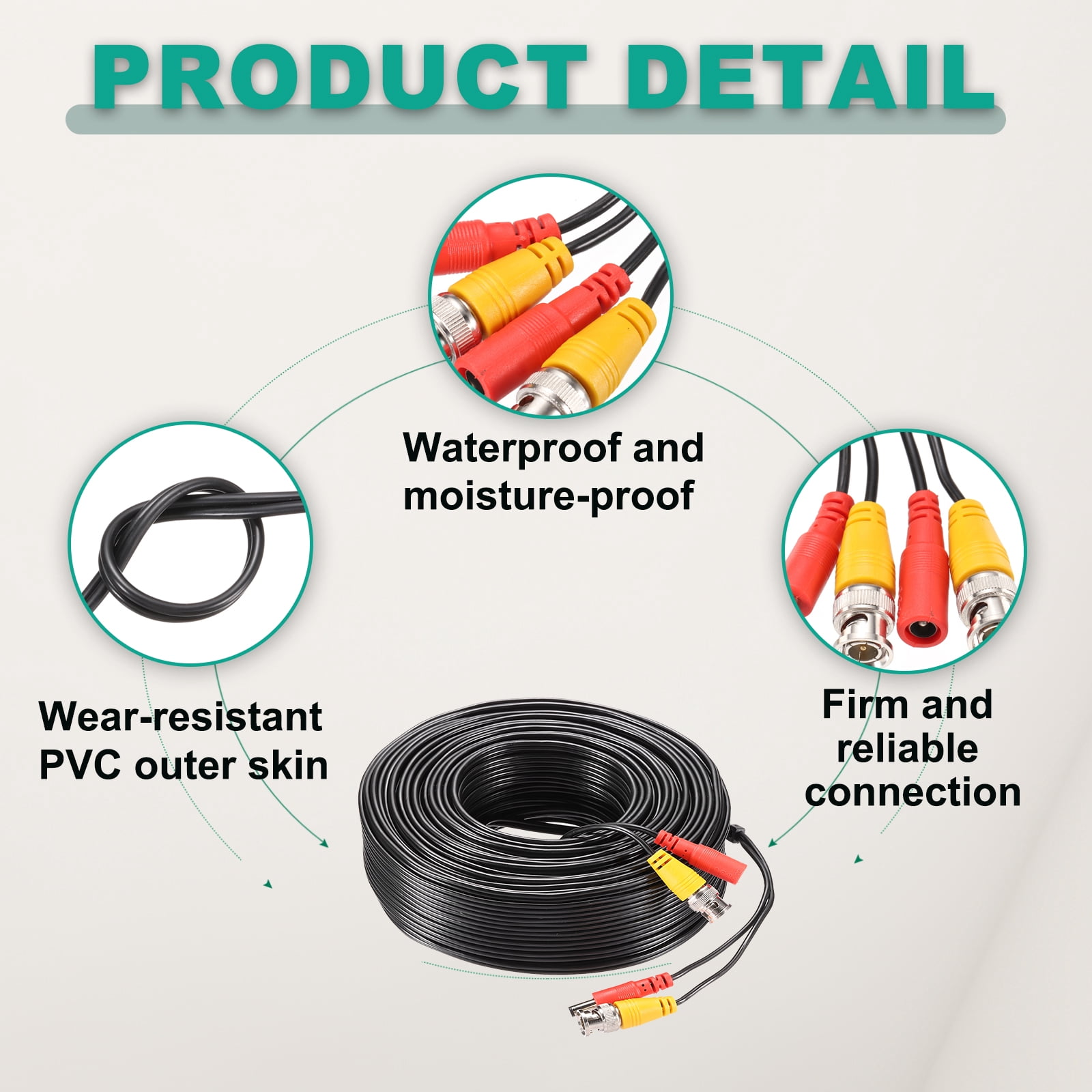 BNC Video Power Cable,45m/148ft All-in-One Security Camera Wire,1 Set Black