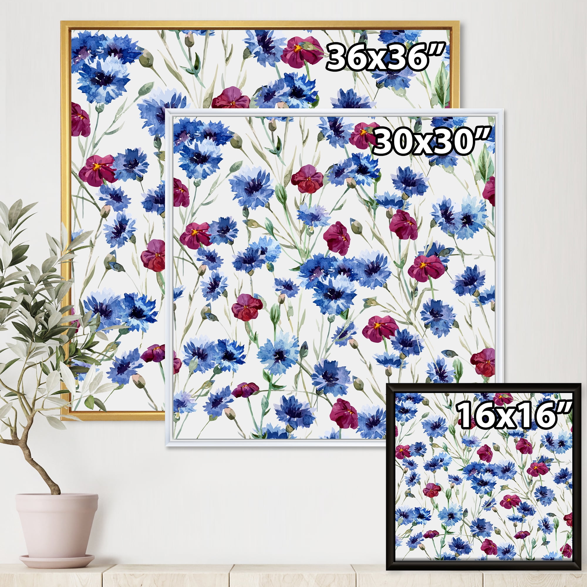 Designart 'Red and Blue Wildflowers' Traditional Framed Canvas Wall Art Print