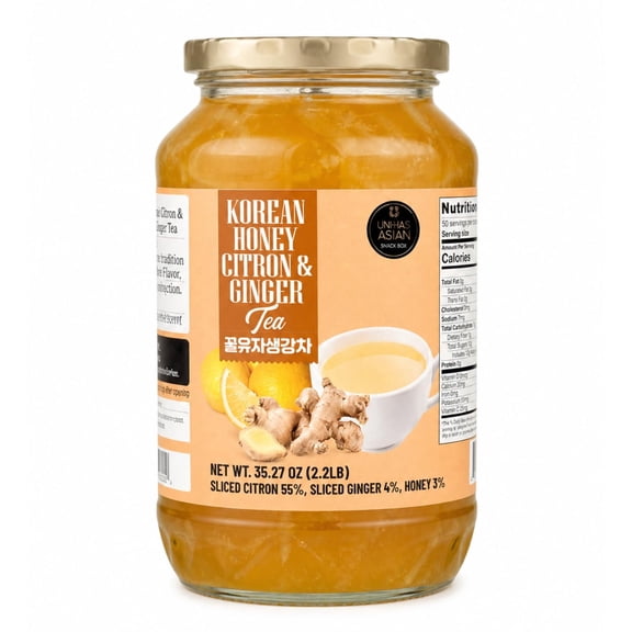 Unha's Korean Honey Yuzu Ginger Tea, Citron, Hot or Iced, 35.27. OZ, caffeine free, hot or iced drink mix, marmalade spread, yogurt topping, glaze