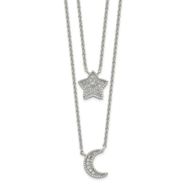 Sterling Silver Polished CZ Moon And Star Double Strand Necklace Sterling Silver Polished CZ Moon And Star Double Strand Necklace