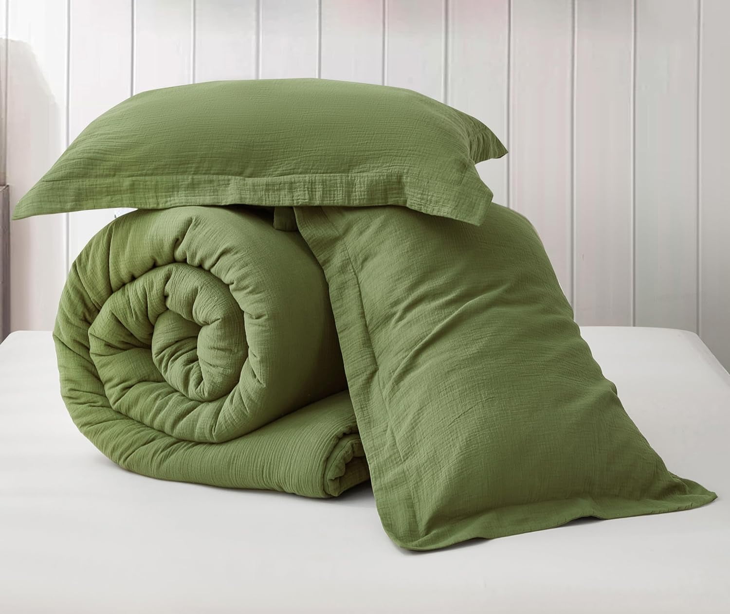 Chezmoi Collection Breeze 3-Piece 100% Cotton Muslin Queen Comforter Set, Olive Green Soft Washed Cotton Gauze Comforter, Lightweight Breathable Bedding for All Season