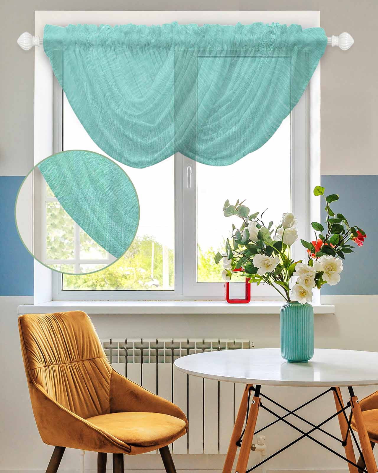 Turquoise Waterfall Valances for Windows, Farmhouse Burlap Solid Teal Color Modern Linen Texture Sheer Valance Curtains, Rod Pocket Elegant Swag Valances for Living Room Bedroom, 47.2"x38.5", 2 Panel