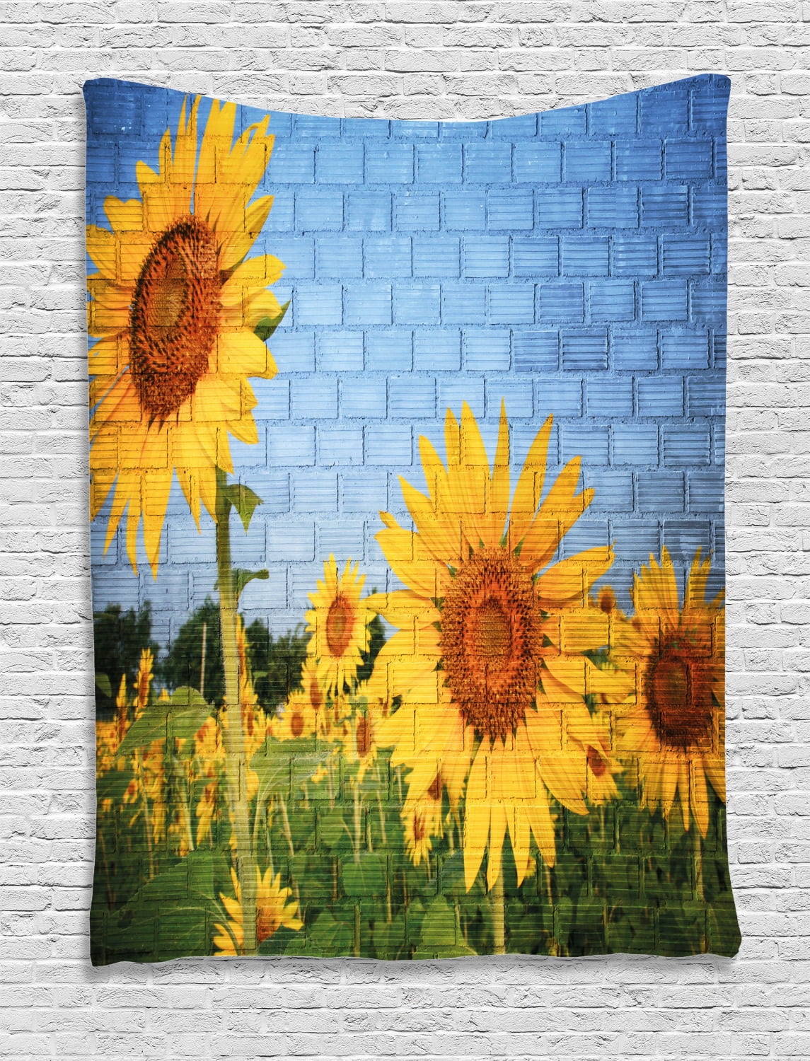 Brick Wall Tapestry Sunflower Drawing On Wall Peaceful Habitat Meadow Valley In Rural Village Wall Hanging For Bedroom Living Room Dorm Decor