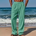thumbnail image 3 of Havenx Lounge Linen Pants for Men Drawstring Elastic Waist Trousers with Pockets Pleated Slacks Straight-Legs Breathable Loose Fit Summer Beach Clothing,Green M, 3 of 5