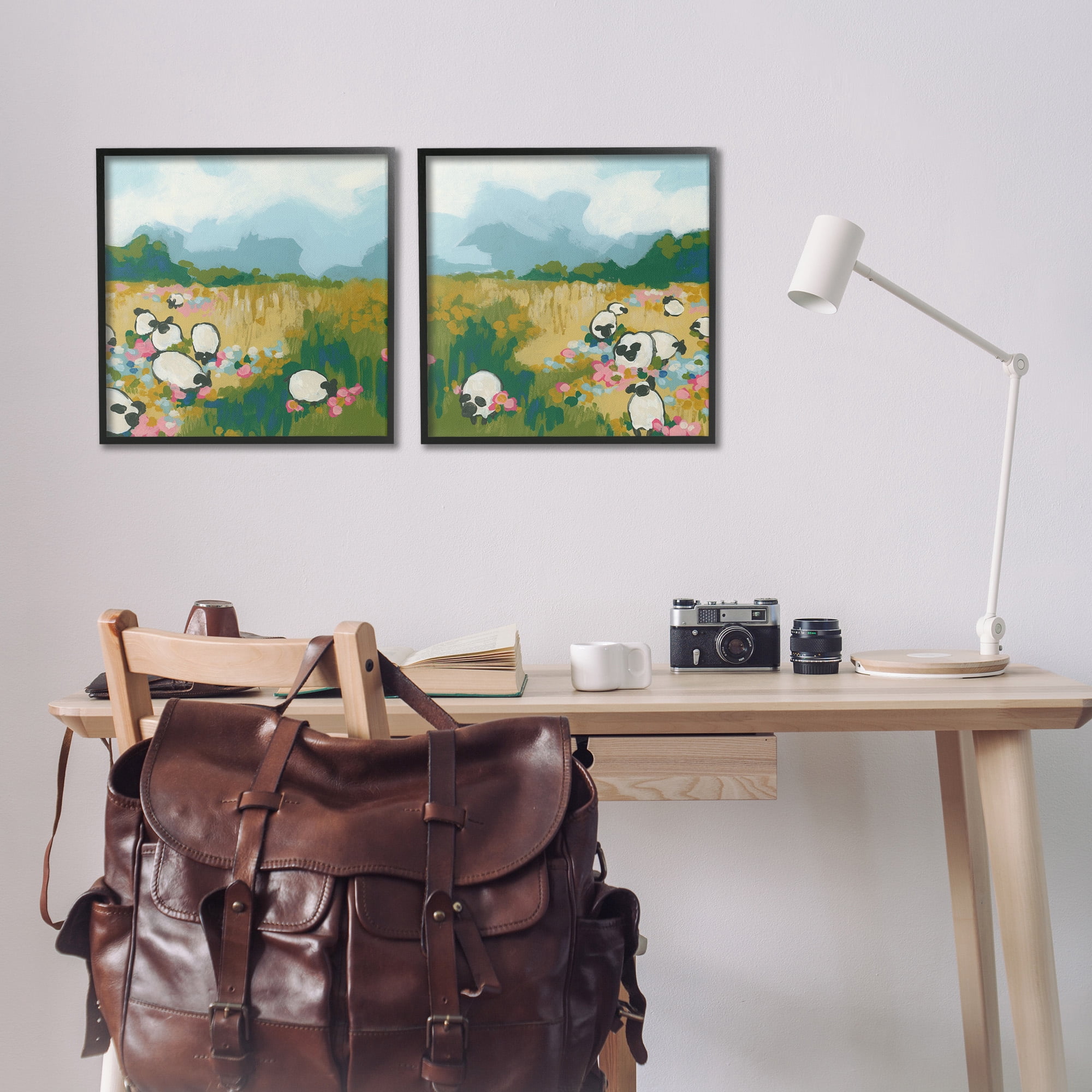 Stupell Industries Scattered Sheep in Field Landscape Painting Black Framed Art Print Wall Art, 17 x 17, Set of 2