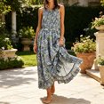 thumbnail image 6 of Yeaiivve Summer Dress for Women Vintage Floral Tie Strap Maxi Dresses Round Neck High Waist Tiered Ruffle Hem Long Sundress Blue,XL, 6 of 9
