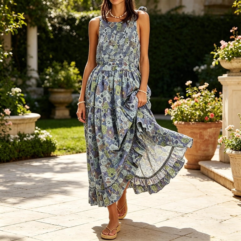 boho garden party dress Women's Boho Dresses Square Neck Floral Print Tiered Open Back Maxi Dress  with Tie Straps Flowy Breathable Vintage Garden Party Vacation Dress Orange