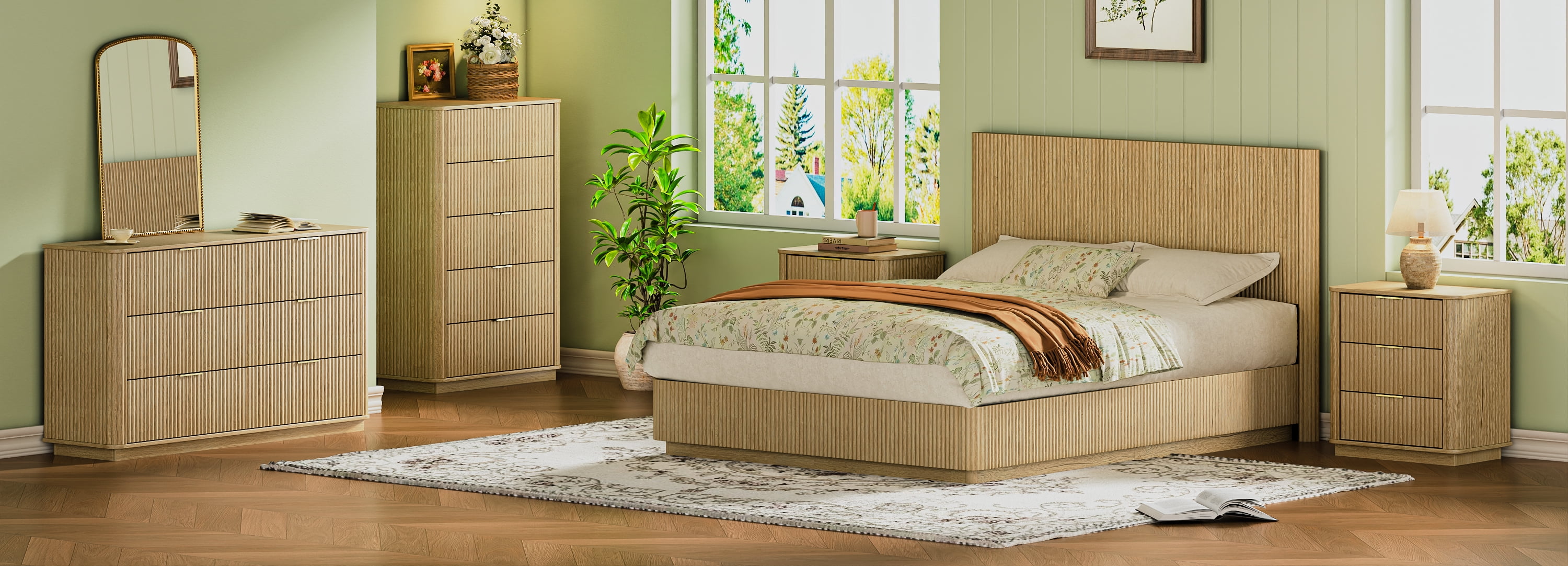 Sailvan Queen Bed Frame with LED Lights and Corrugated Curved Design