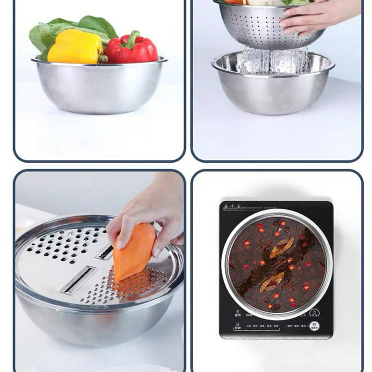 3Pcs Durable Stainless Steel Shredder Strainer Sieve Basin Washing Bowl Set  Vegetable Cutter Home Kitchen Dining Gadgets