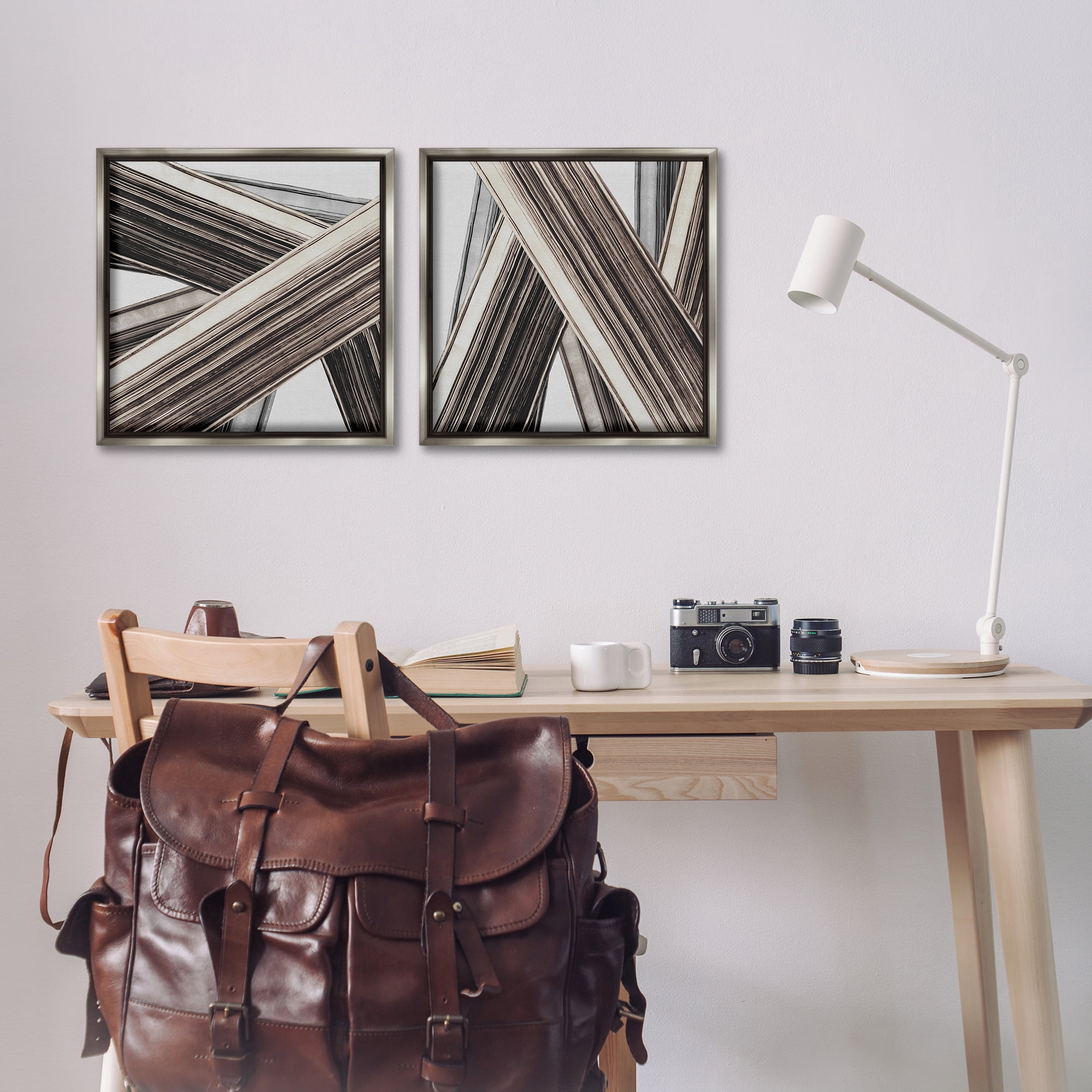 Stupell Industries Industrial Linear Crisscross Abstract Painting Gray Floater Framed Canvas Art Print Wall Art, 18 x 18, Set of 2