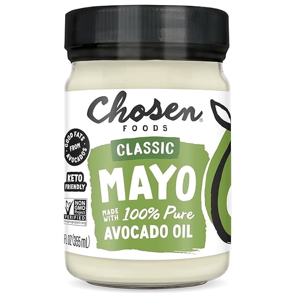 Chosen Foods 100% Avocado Oil-Based Classic Mayonnaise, Gluten & Dairy Free, Low-Carb, Keto Diet Friendly, Mayo for Sandwiches, Dressings and Sauces, Made with Cage Free Eggs (12 fl oz)
