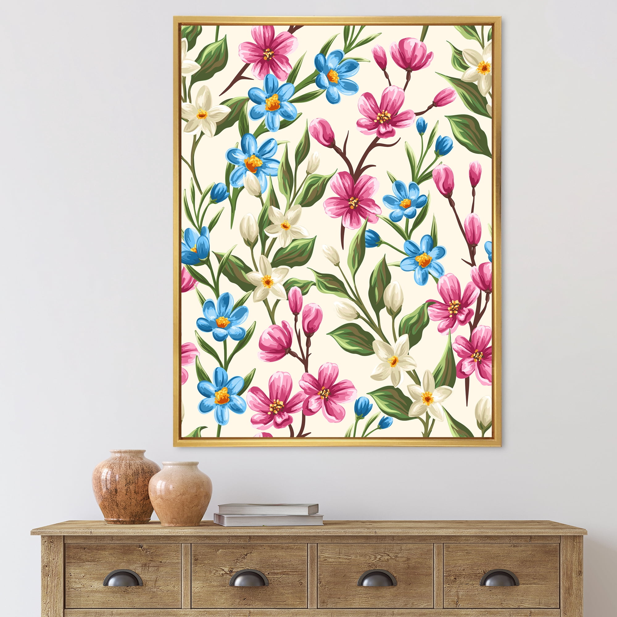 Designart 'Vintage Blue and Pink Wildflowers' Traditional Framed Canvas Wall Art Print