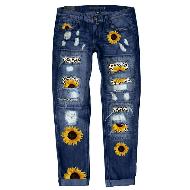 EVALESS Womens Fashion Ripped Sunflower Patchwork Boyfriend Jeans ...