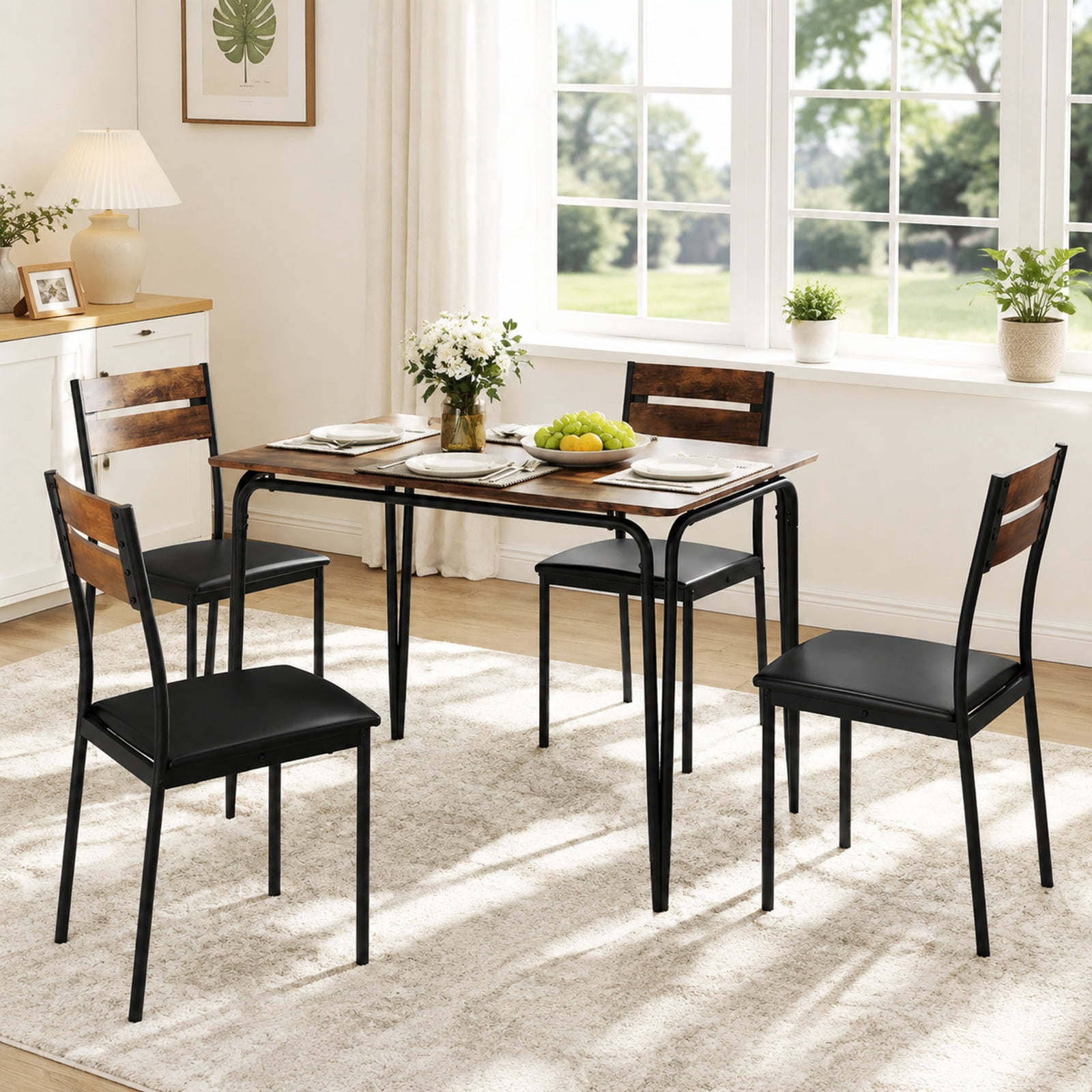 Furnibear 5 Piece Industrial Dining Table Set for 4 with Rectangular Kitchen Table and 4 Armless Upholstered Chairs, Rustic Brown