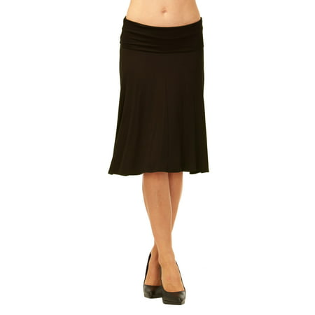 Womens Basic Solid Stretch Fold-Over Flare Midi Skirt (Black-S ...