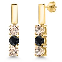 Gem Stone King 18K Yellow Gold Plated Silver Peach Morganite and Black Sapphire Drop Dangle Earrings for Women | 1.49 Cttw | Gemstone October Birthstone | Round 5MM