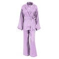 thumbnail image 1 of Seyurigaoka 3 Pcs Women Casual Loose Homewear Pajamas Set, Long Sleeve Solid Color Lapel Tops + Loose Long Pants + Belt, 1 of 9