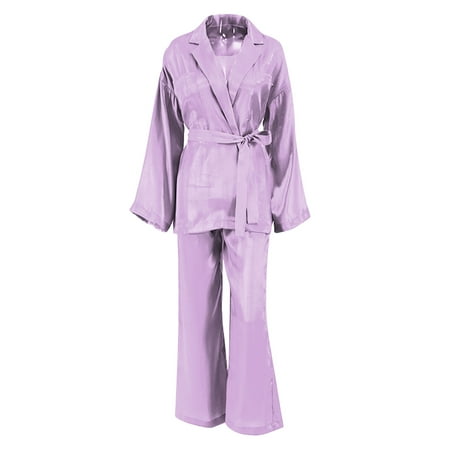 

Women Casual Homewear Pajamas 3Pcs Set Long Sleeve Solid Color Lapel Tops+Loose Long Pants+Belt