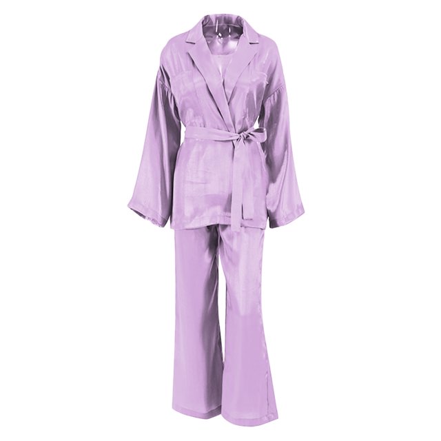 SAYOO Mujer Casual Homewear Pijama Conjunto Manga Larga Color Sólido Solapa Tops + Pantalones Largos Sueltos + Cinturón SAYOO Moda