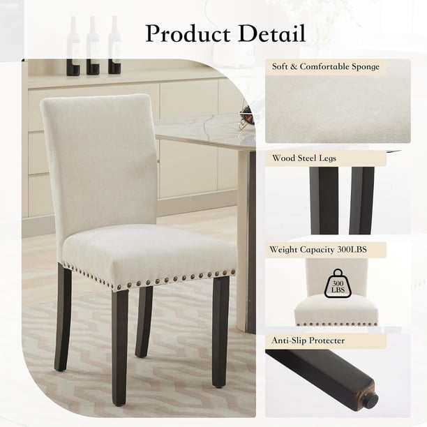 Yeshouse Silla de comedor moderna tapizada en beige, estilo Parsons con respaldo alto, ribete de tachuelas, asiento de esponja y patas de madera, capacidad de 136 kg