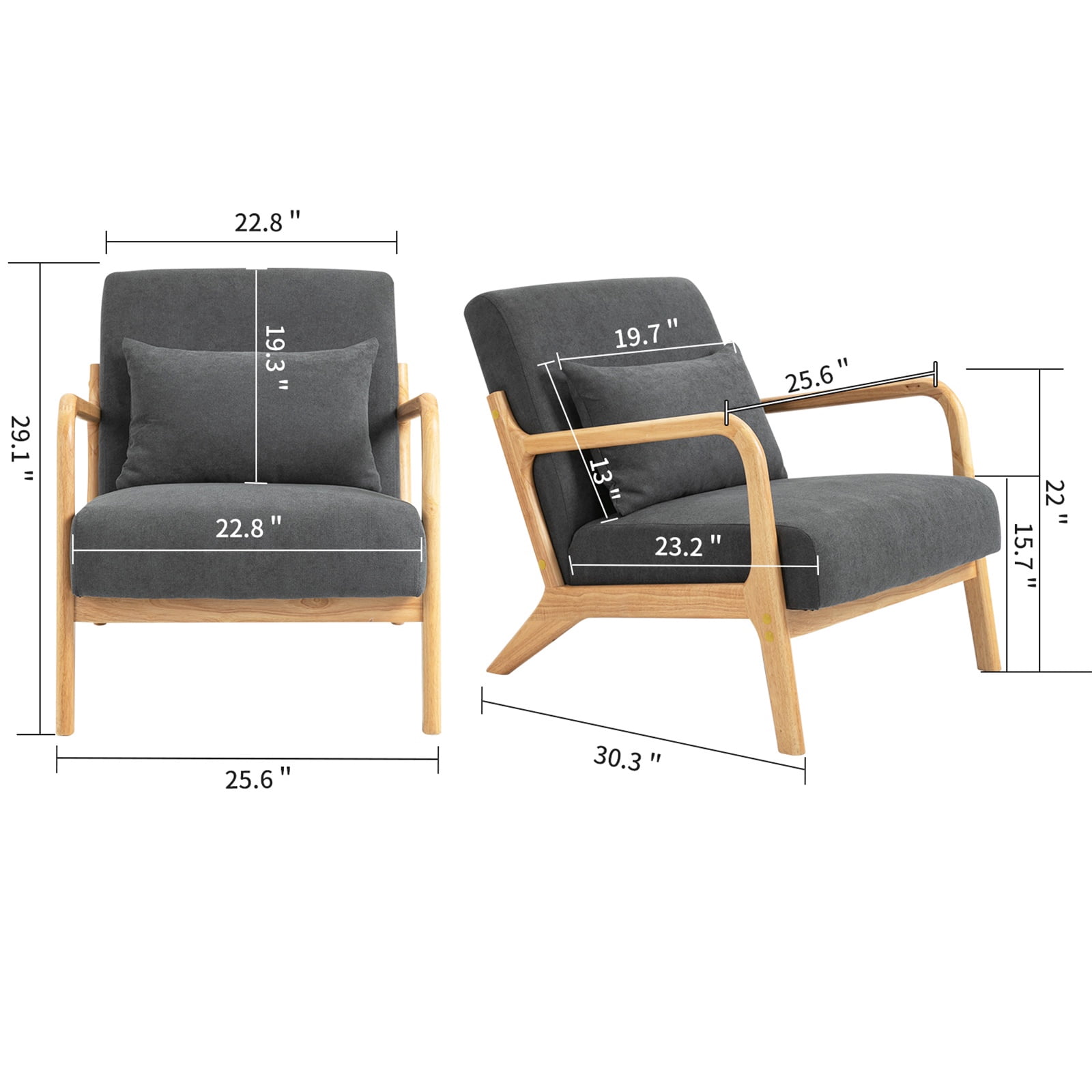 PORKISS Modern Arm Chair Velvet Fabric Upholstered Comfy Reading Accent Chair with Solid Wood Frame and Pillow, Armchair Comfort Club Chair Lounge Chair for Living Room Bedroom Sunroom, Grey