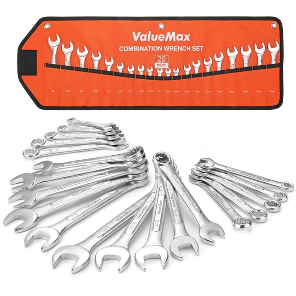 ValueMax Ensemble de Clés Mécaniques Métriques et Standard, 20 Pcs Ensemble Complet de Clés Combinées. SAE 1/4 Pouces à 3/4 Pouces, Métrique 6mm à 18mm, Clé Complète