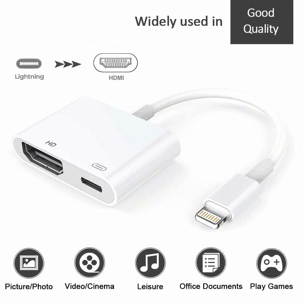 iPad and iPod Models and TV Monitor Projector White Lightning to HDMI Adapter Lightning to Digital AV Adapter 1080P with Lightning Charging Port for Select iPhone