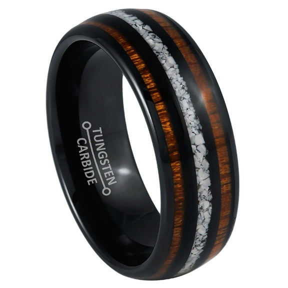 8mm Mens Black Tungsten Wedding Band, Wood & Turquoise Inlay, Dome Engagement Ring - TN1047WAs10