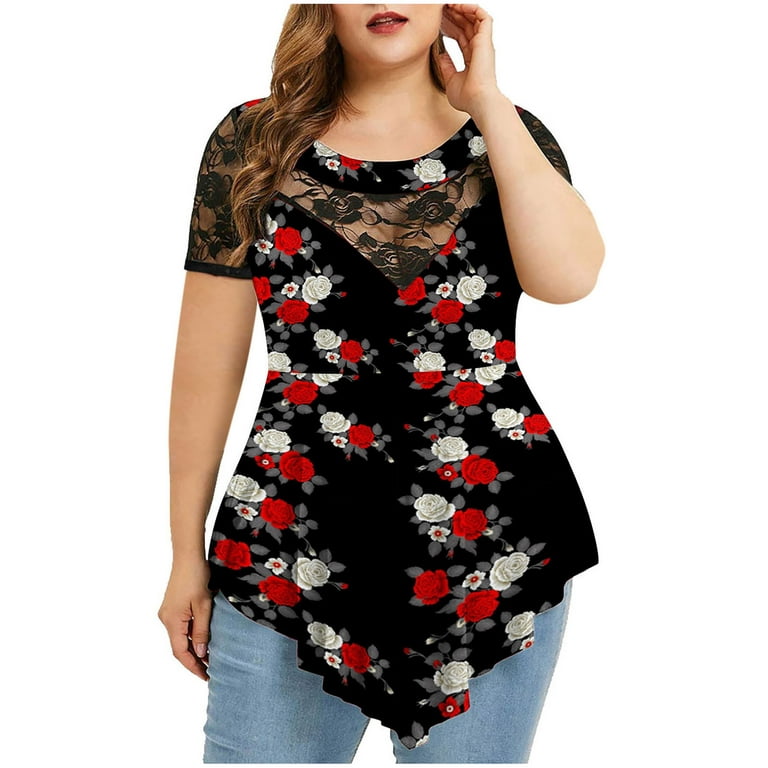 YWDJ Womens Plus Size Tops Womens Tops Dressy Casual Plus Size Graphic  Oversized Crewneck Short Sleeve Lace Floral Summer Tops for Women Cute Tops