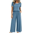 thumbnail image 5 of Zynoxe Plus Size Pajamas Set Women Contrast Trim Short Sleeve Tops and Wide Leg Pants Sleepwear Sets Casual Stretchy Loose Lounge Sets, 5 of 6