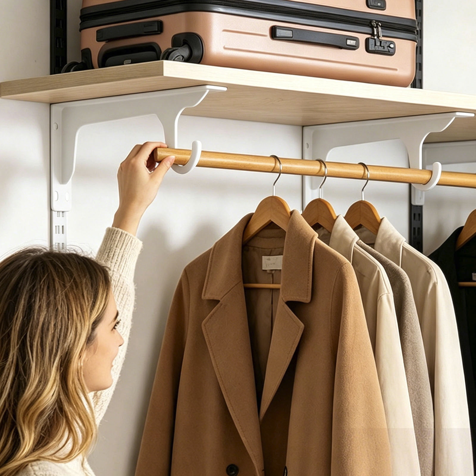 16 Inch Heavy Duty Wall Mounted Closet Rod Support Brackets with Hooks, Metal Shelf Brackets for Closet Storage