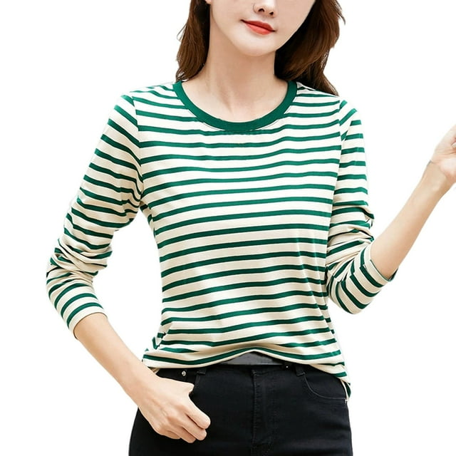 JAKANYQ T-Shirts pour Femmes Nouveau Col Rond Contraste de Couleur Rayé Manches Longues T-Shirt de Base pour Femmes avec Hauts Rétro Art Frais T-Shirt Confort Tee