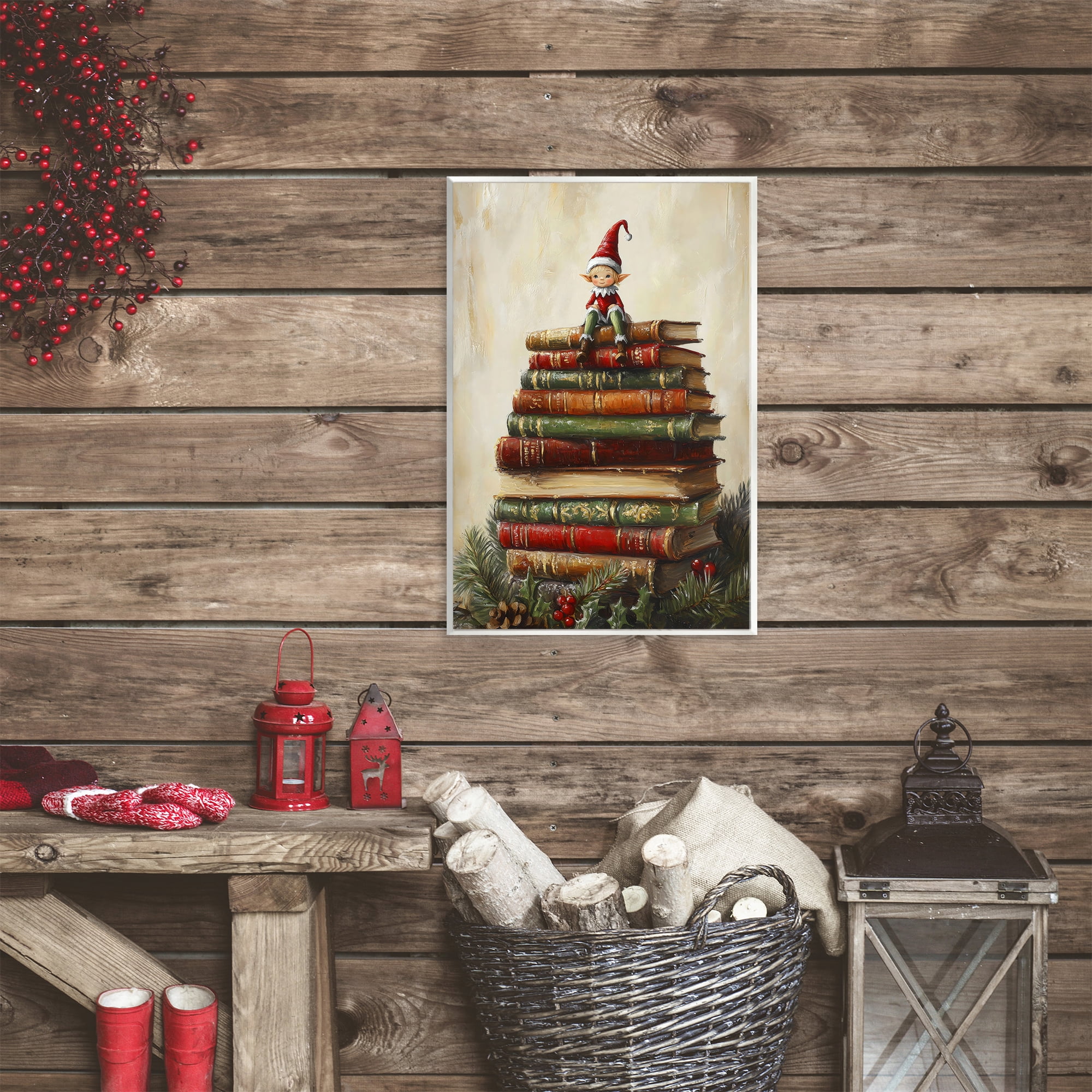 Christmas Elf Bookstack Wall Plaque Art, design by Petal Prints Design