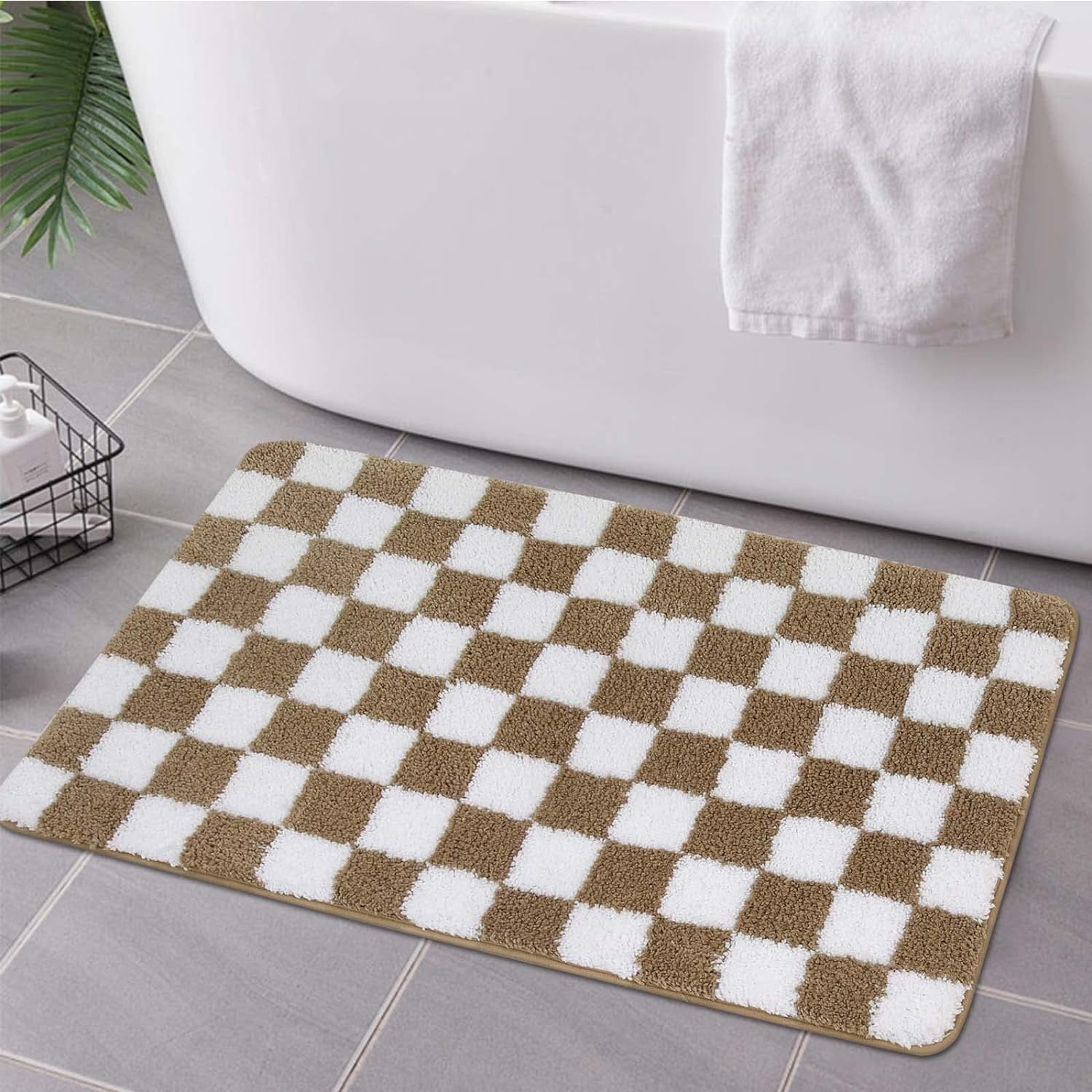 Bath Mat Khaki Checkered Bathroom Rugs Non Slip Water Absorbent Bath Rug Soft Microfiber Machine Washable Floor Mats for Tub Bathroom Indoor Doormat,20"x31"