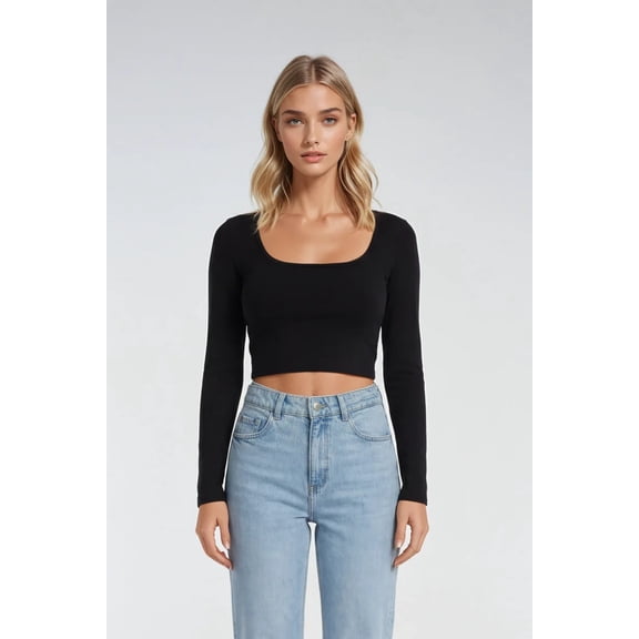 Forever 21 WGA Square Neck Long Sleeve Top, Color-Black, Size-S