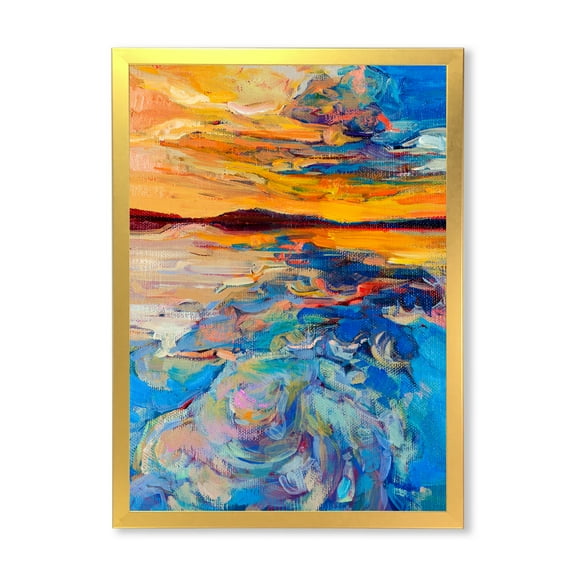 Designart 'Whirly Blue Waves Under Orange Sunset' Nautical & Coastal Framed Art Print