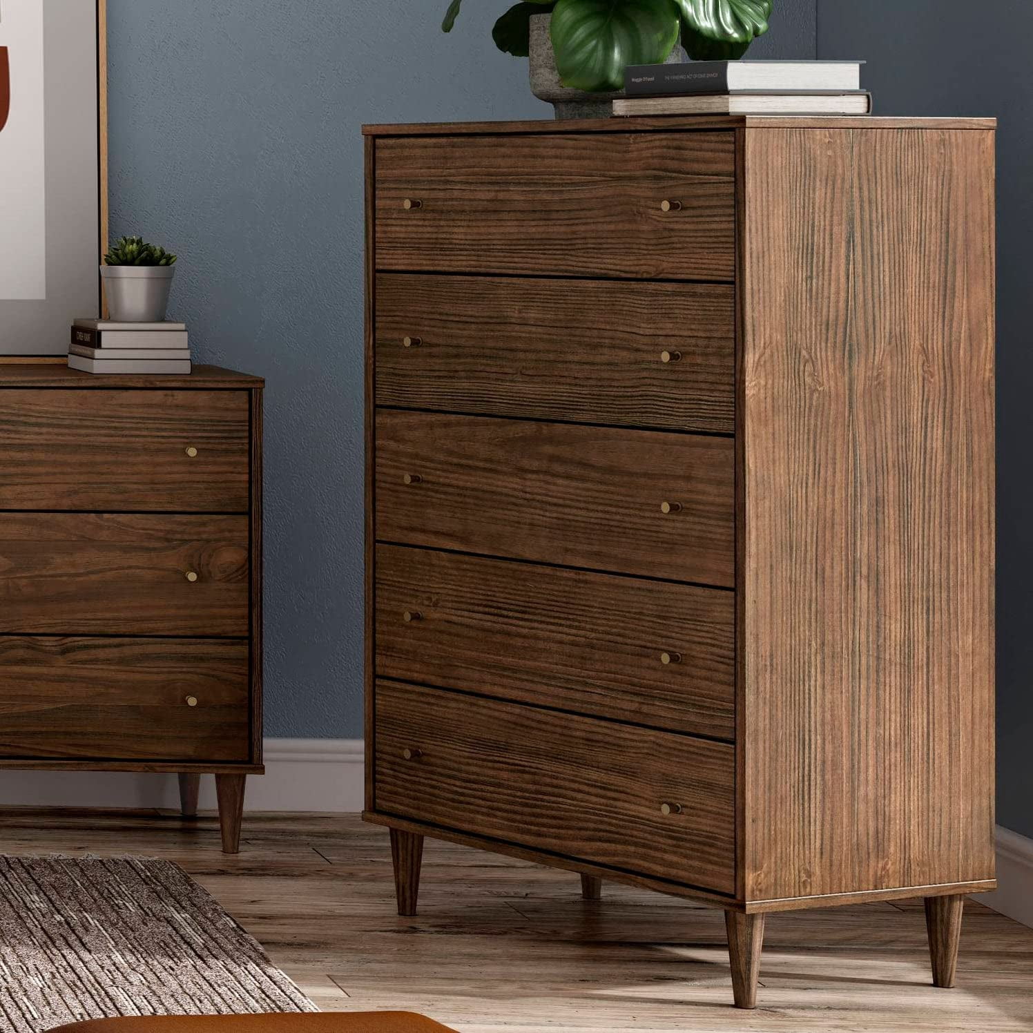 Grain Wood Furniture Mid Century 5-Drawer Chest, Brushed Walnut