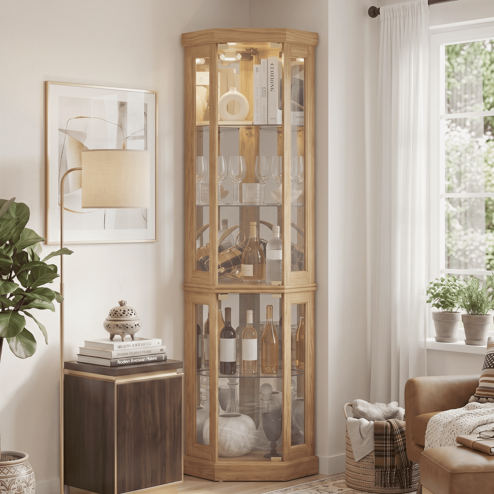 CKEASEAN Lighted Corner Curio Cabinet with Doors - Wooden Display Cabinet with Tempered Glass Shelves and Lights for Living Room, Dining Room